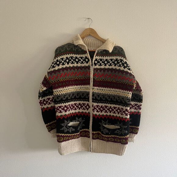 Handmade in Ecuador Zip-Front Oversized Boho 100% Wool‎ Sweater Cardigan - Picture 2 of 13